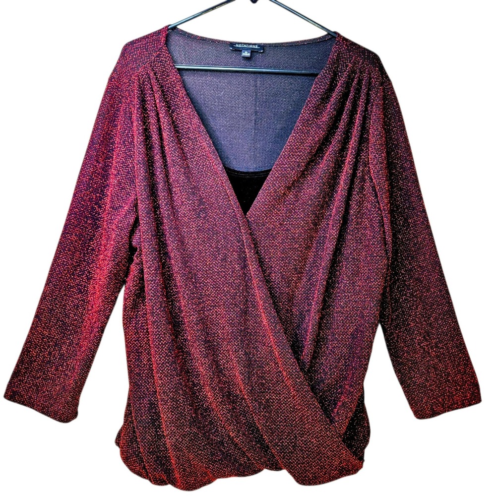 NOTATIONS Womens Sparkle Knit Faux Wrap Top Red Metallic Holiday Valentine's Day